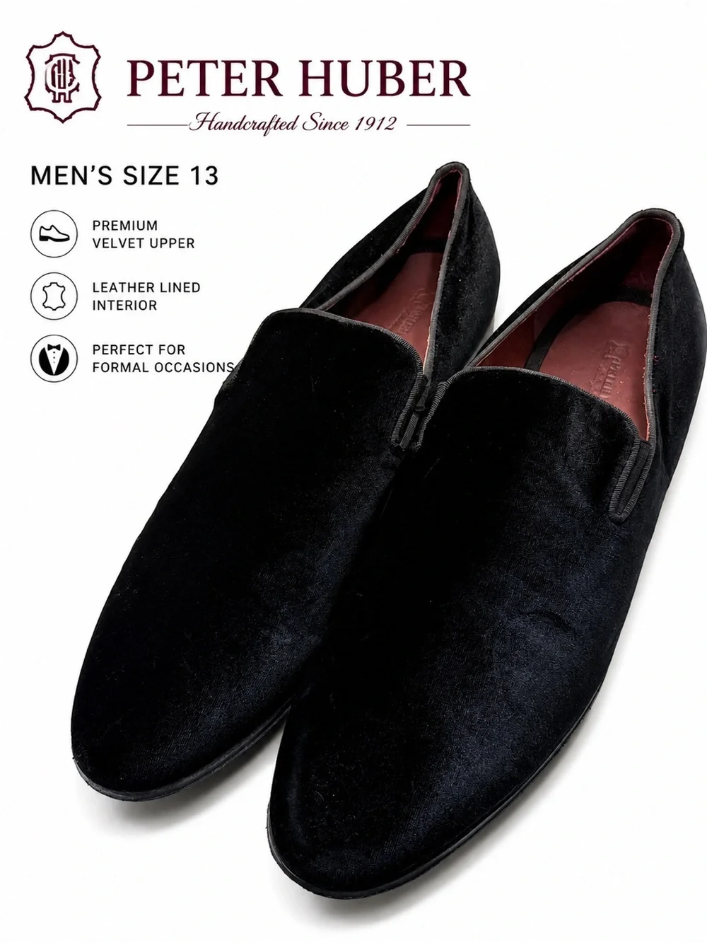 Peter Huber Black Velvet Slip-On Loafers Men’s Size 13 Formal Dress Shoes